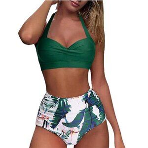 NEW Retro Green Two Piece with Tropical High Waisted Bottoms Women's M